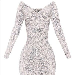 Taupe Snake Print Slinky Ruched Bardot Midi Dress